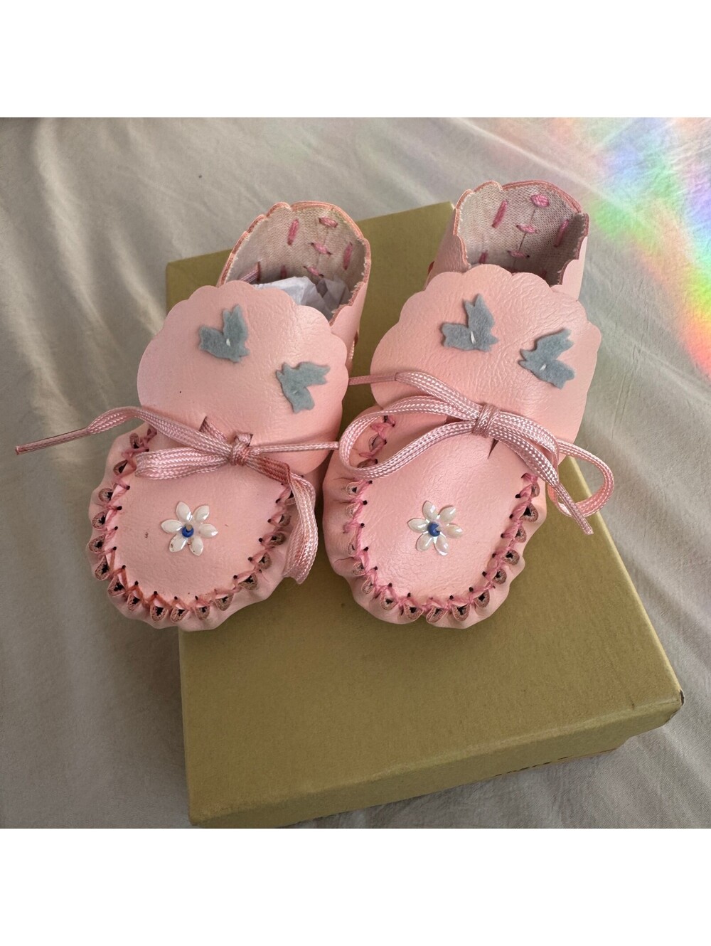 Handmade Baby Moccasins Pink Leather with Blue Bird and Flower Embellishments